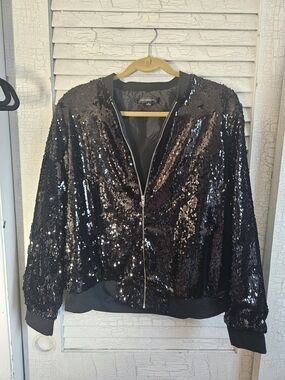 HAODUOYI Black Sequin Bomber Jacket